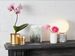 A mantelpiece adorned with decorative items: from left to right, a gold potted orchid with pink blooms, two gold ornamental candle holders, our Greeting Card depicting a forest scene, and a white vase holding pink flowers. A marble lamp with a round white shade sits on the far right. The wall behind is white brick. Turn any room into an inviting space with the ultimate fall candle scent from our collection.